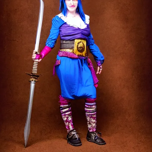 Image similar to full body photo of a female jester warrior with weapons