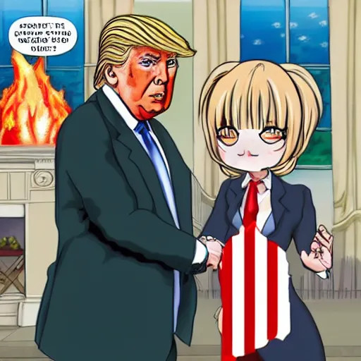 Image similar to Donald Trump anime grabbing scarcely dressed woman by the waist American flag on fire in background