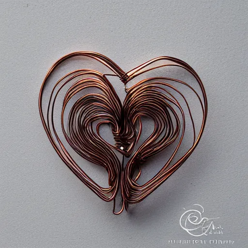 Image similar to a very beautiful tiny human heart organic sculpture made of copper wire and threaded pipes, very intricate, curved. studio lighting, high resolution, high quality, black background