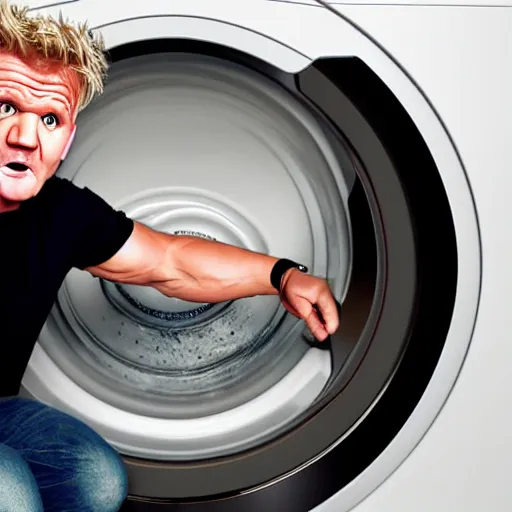 Image similar to angry furious Gordon Ramsay poking his head out of a washing machine and shouting at the camera