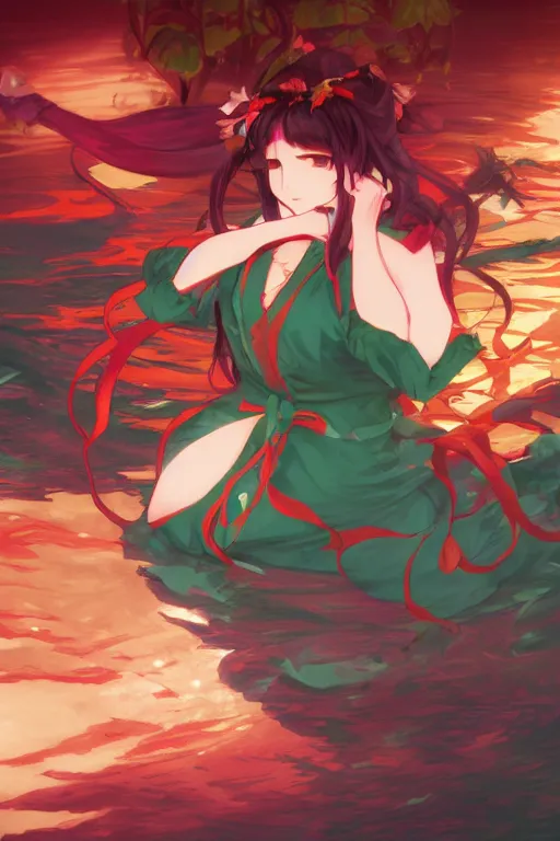 Image similar to hakurei reimu from touhou project floating on the water at night, plants, green and orange theme by krenz cushart and mucha and makoto shinkai and akihito yoshida and greg rutkowski, 4 k resolution