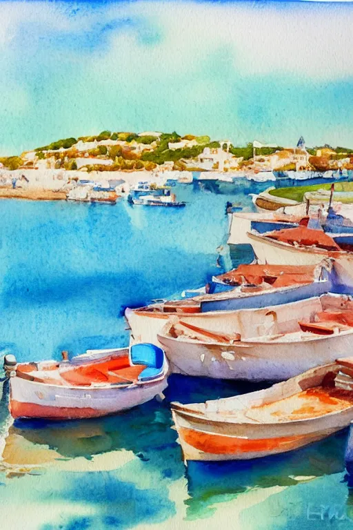 Image similar to watercolor painting of realistic adriatic coast, summer period with boats, watercolor, tonal colors, natural lighting, blue.