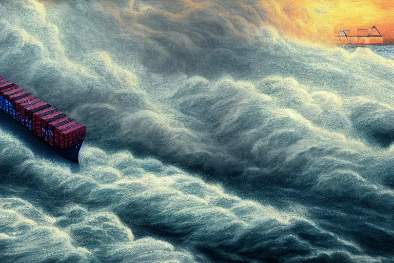 Image similar to container ship in a storm, in the style of vernon grant and chris van allsburg, raging stormy sea, trending on artstation, bright tilt - shift camcorder effect, photoshop, retrowave, hyperrealism, octane, sharp focus, masterpiece