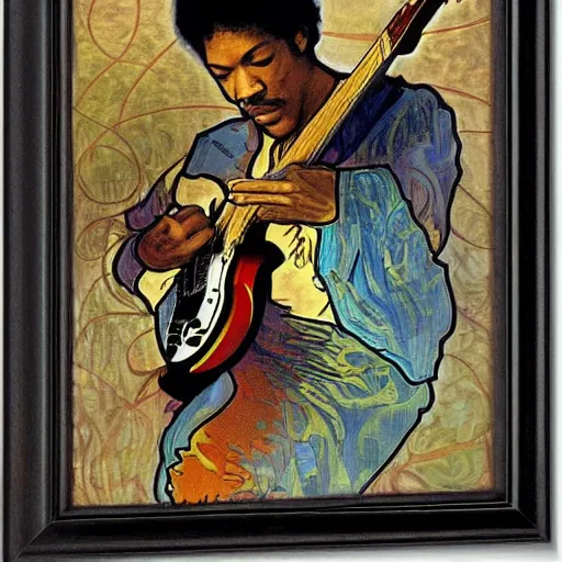 Image similar to Jimy Hendrix playing electric guitar by Alfons Mucha, masterpiece