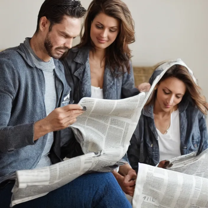 Image similar to man sitting in chair reading newspaper with attractive wife standing behind him