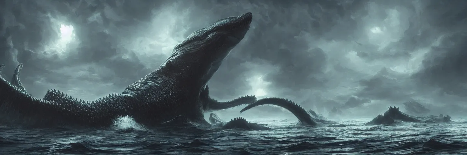 Prompt: leviathan leaving the ocean, lovecraftian creature, dramatic lighting, cinematic, establishing shot, extremly high detail, foto realistic, cinematic lighting, post processed, concept art, artstation, matte painting, style by eddie mendoza, raphael lacoste, alex ross