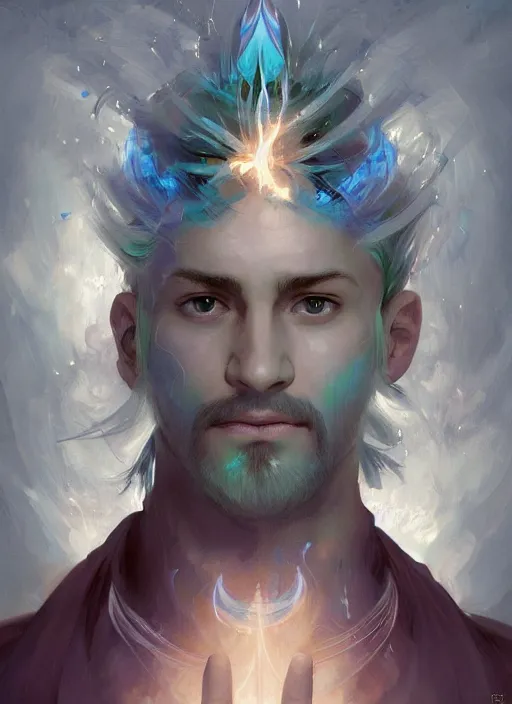 Image similar to character concept portrait of an attractive young smirking Spanish wizard with powder-blue skin conjuring a confusion spell, a floating iridescent spell book in the center, intricate, elegant, digital painting, concept art, smooth, sharp focus, illustration, from Metal Gear, by Ruan Jia and Mandy Jurgens and William-Adolphe Bouguereau, Artgerm