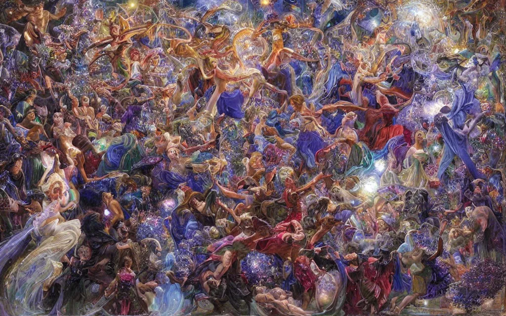 Prompt: magical crystals dance in the air, spinning and shining in a chaotic but beautiful display by donato giancola and steve argyle