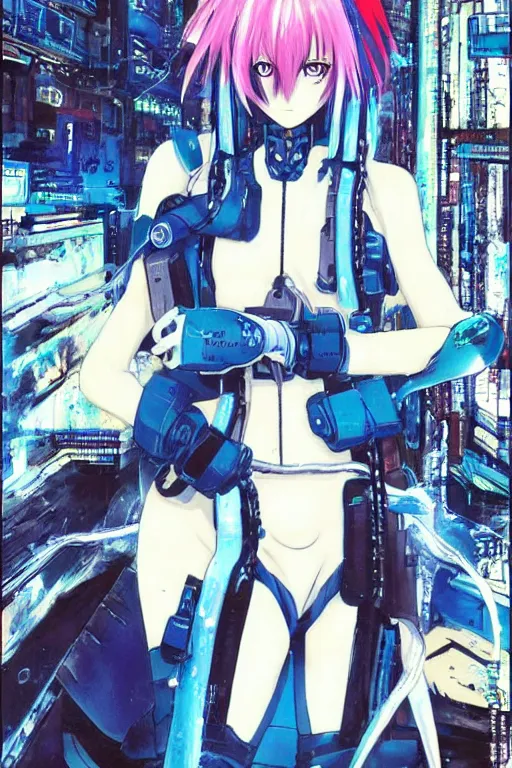 Prompt: manga cover art of a mysterious cyberpunk blue-haired anime girl wearing a plugsuit, serial experiments lain, painted by tsutomu nihei