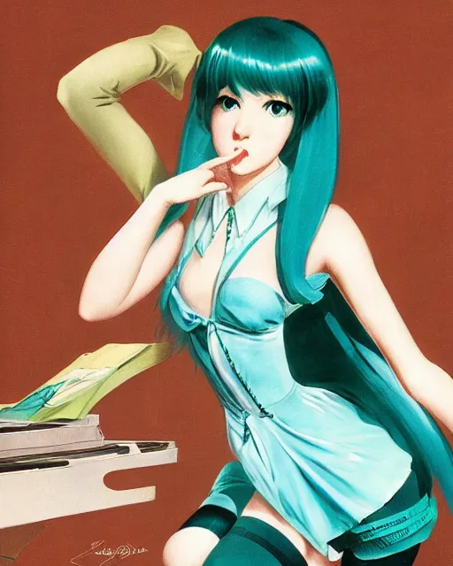 Image similar to hatsune Miku by Gil Elvgren and Enoch Bolle