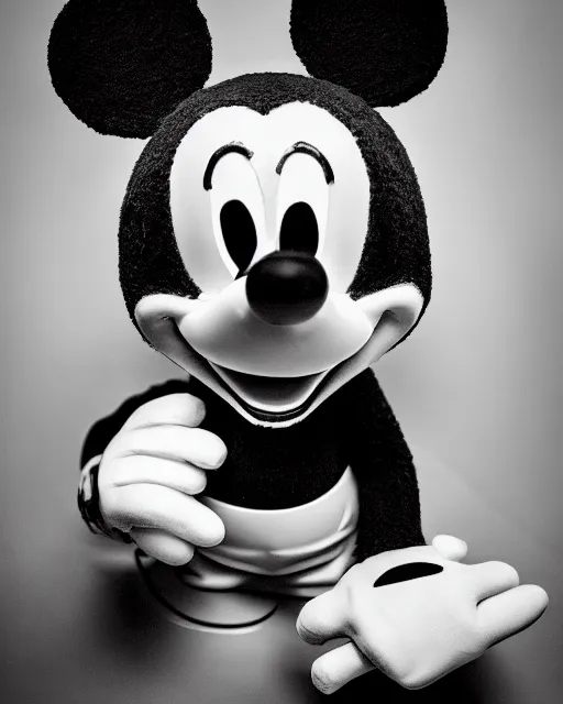 Prompt: A black-and-white studio portrait of a mischievous-looking Mickey Mouse in the style of a horror movie; bokeh, 90mm, f/1.4