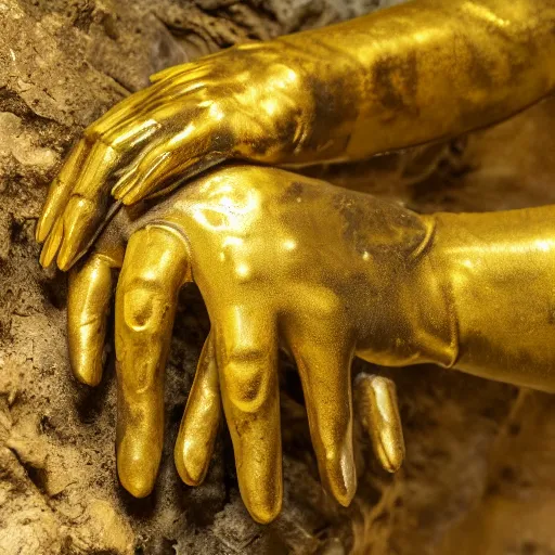 Prompt: a golden hand with claws emerges from the nearest surface of a cave