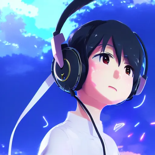 prompthunt: an anime music producer with headphones on, official art, key  visual, studio lightning, very detailed bd cover, Kimi no Na Wa,  hyperrealistic, artstation, caustics, trending on Artstation, 8K, octane  renderer, rtx