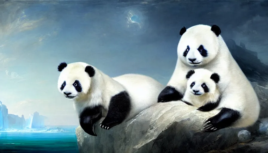 Image similar to highly detailed painting of humanoid creature thats half cute baby white furry seal and half panda on a blue and white iceberg by william turner, by greg rutkowski, by william constable, thick brush strokes and visible paint layers, 4 k resolution