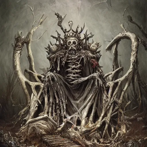 Prompt: withered old king sitting on a throne of rotting bones, highly detailed painting by seb mckinnon, 8 k