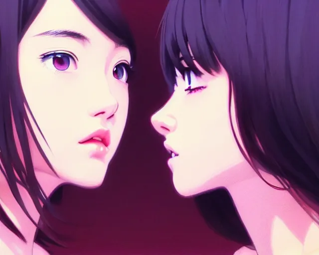 Image similar to two girls kissing | very very anime!!!, fine - face, audrey plaza, realistic shaded perfect face, fine details. anime. realistic shaded lighting poster by ilya kuvshinov katsuhiro otomo ghost - in - the - shell, magali villeneuve, artgerm, jeremy lipkin and michael garmash and rob rey