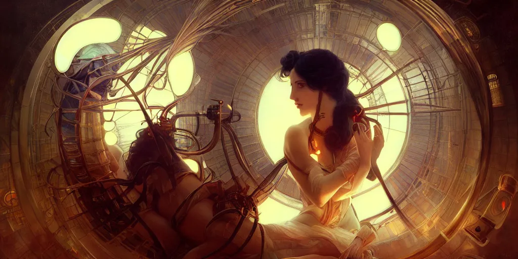 Image similar to ( ( ( ( nikola tesla ) ) ) ) ) testing the antigravity machine ( ( steampunk ) ) octane renderer 8 k sparsely lit art by artgerm and greg rutkowski and alphonse mucha, plasma rays, sparks