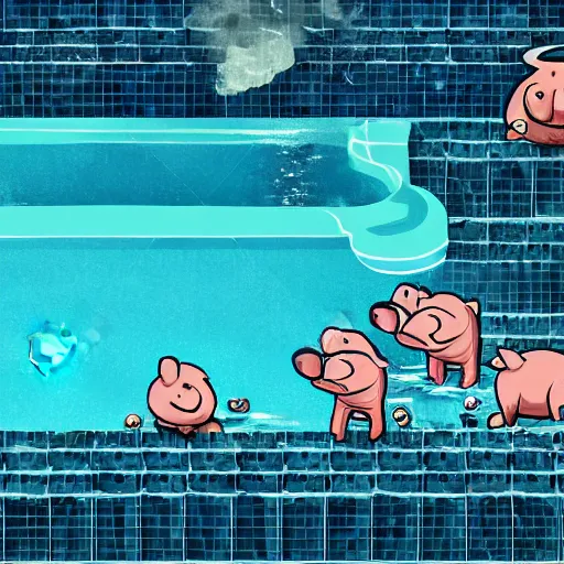 Image similar to photo, two old men fight pig mutants 5 3 8 2 8 inside a swimming pool, highly detailed, scary, volumetric lighting, front view