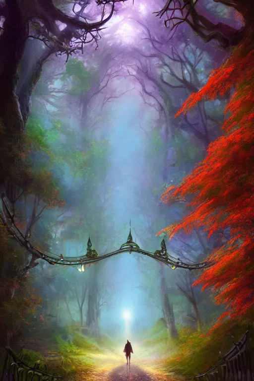 Prompt: a hq artstation, beautiful digital glossy clear sharp of a detailed mystical fantasy illustration concept art colorful forest trees fireflies nd iron gate road pathway fog by james gurney, rolf armstrong, dark constrast 8 k resolution trending on artstation