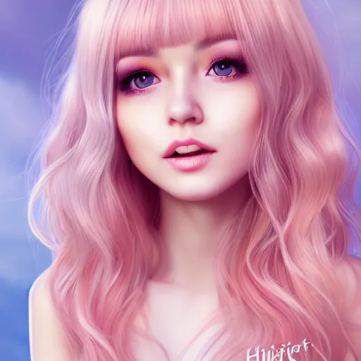 Image similar to beautiful hyperrealism hyperdetailed portrait of nikki from shining nikki dress - up game, a cute young woman, light pink hair, long hair with full bangs, full heart - shaped face, hazel amber eye color, pale skin, light blush, chinese heritage,, smiling softly, golden hour, soft focus, 8 k,