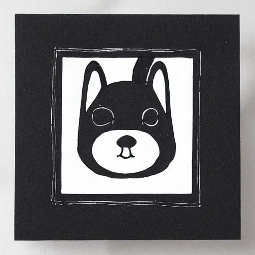 Image similar to squirrel face, cute, block print, simple stylized, black ink on white paper