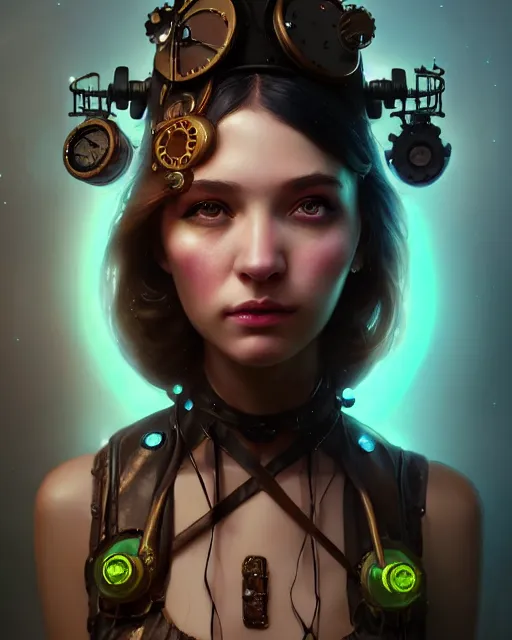 Image similar to one singular portrait of a cute bioluminescent steampunk girl, highly detailed, digital painting, moody cinematic lighting, hyperrealism, dark retrowave, art by stanley lau and artgerm and magali villeneuve and alphonse mucha, artstation, octane render, cgsociety