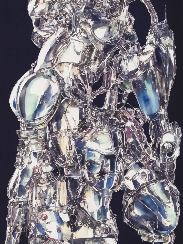 Image similar to a Royal portrait of chrome android woman as illustrated by Yoshitaka Amano. 1991. Watercolor and Acrylic on Paper