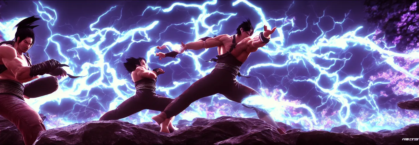 Image similar to tekken 3 location for duel atte painting, thunder, firestorm, gray color scheme, v - ray, houdini, blue, purple omnious sky, by hokusai, google, artstation