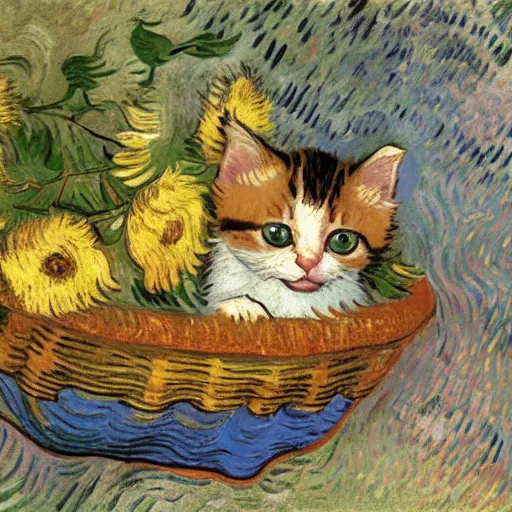 Prompt: cute kitten sitting in a basket of flowers floating down a river, surrounded by a lush forest, historic painting by van gogh, stunning detail, 8 k, beautiful