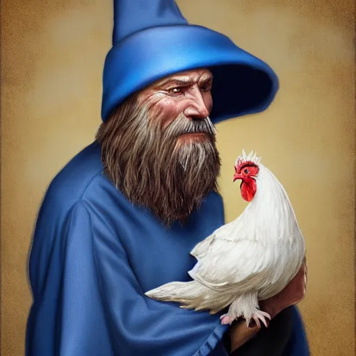 Prompt: a kind old wizard with a long white beard looking a confused, holding a pet chicken perched top of his hat, wearing a blue robe, realistic, detailed, trending on ArtStation, by Tony Sart