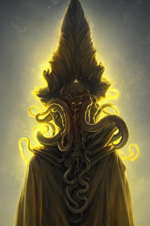 Image similar to A full body portrait of a mysterious character with no face with a very long hooded yellow cloak, a golden crown floating above his head, tentacles coming out the ground art by Shaddy Safadi and Jason Chan, ominous, cosmic horror, trending on artstation, Ultra detailed, hyper realistic 4k