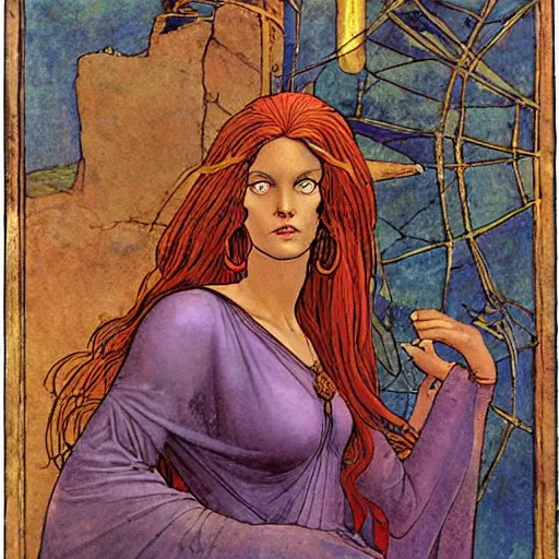 Image similar to half - length portrait of beautiful witch circe in the odyssey, art by moebius, giotto, leonardo da vinci