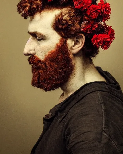 Prompt: a man's face in profile, short beard, curly red hair, made of flowers, in the style of the Dutch masters, dark and moody