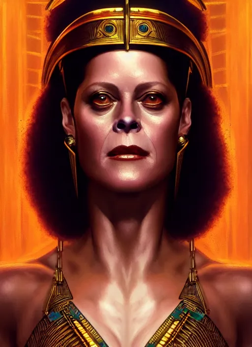 Image similar to sigourney weaver as cleopatra, intricate, elegant, glowing lights, highly detailed, digital painting, artstation, glamor pose, concept art, smooth, sharp focus, illustration, art by artgerm and greg rutkowski, artey freytag