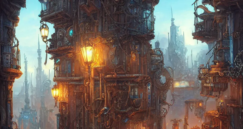 Prompt: landscape painting of fantasy metal steampunk city that has a light blue glow with walkways and lit windows with focus on hooded thieves in leathers climbing the buildings using a rope, fine details, magali villeneuve, artgerm, rutkowski