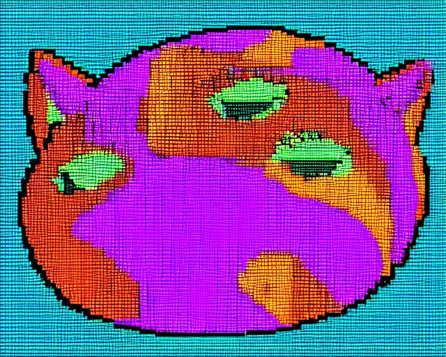 Image similar to catz, 9 0 s computer game by pf magic, cat made of pixel spheres, raster graphics playpen, 2 5 6 colors, windows 3. 1