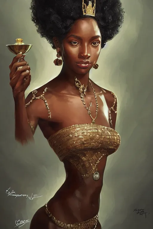Prompt: Queen of england as a melanated black woman with an afro, highly detailed, digital painting, artstation, concept art, smooth, sharp focus, illustration, art by artgerm and greg rutkowski and alphonse mucha