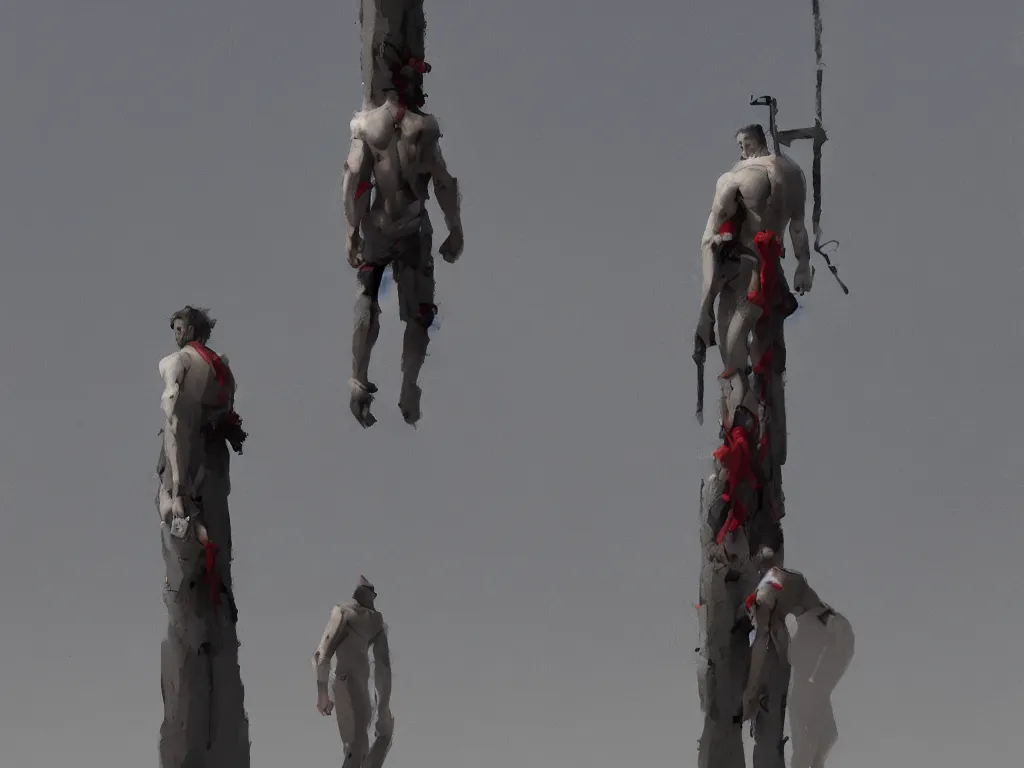 Prompt: the scourging at the pillar, by goro fujita, trending on artstation, 8k, highly detailed, digital graphic art