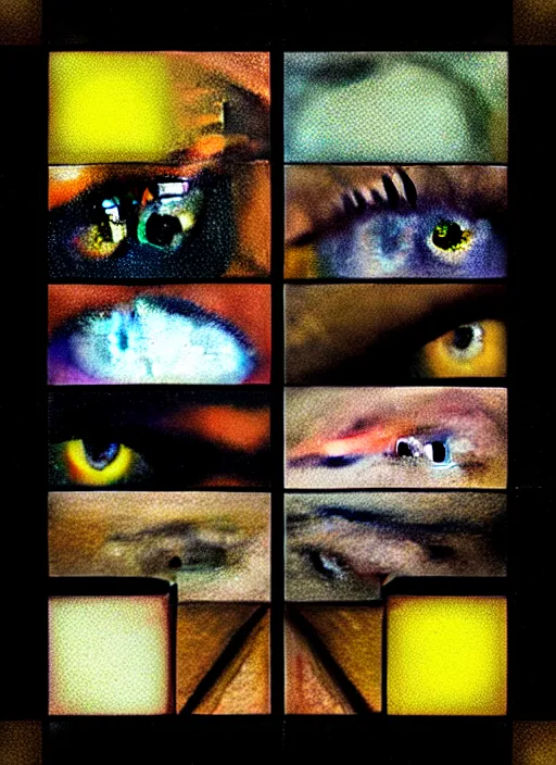 Image similar to grid montage of cube shaped eyes, square shaped black dilated pupils, cube shaped irises, detailed colored textures, eyelashes, advanced art, art styles mix, from wikipedia, wet reflections in square eyes, sunshine light, hd macro photograph, from side, various eyelid positions, square black pupil centered