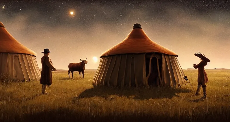 Prompt: deep night, stars shining, a yurt, a bull, in the steppe, summer field, from the game pathologic 2, highly detailed, sharp focus, matte painting, by isaac levitan and asher brown durand,