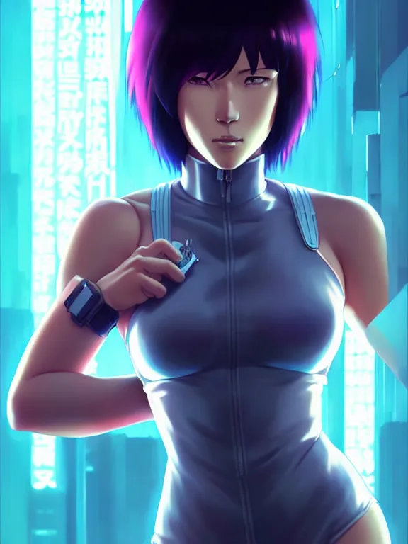 Image similar to a fullbody portrait of motoko kusanagi the major ghost in the shell : : stand alone complex, under repairs, maintenance : : by ilya kuvshinov, rossdraws, artgerm, sola digital arts, anti aliasing, raytracing : :