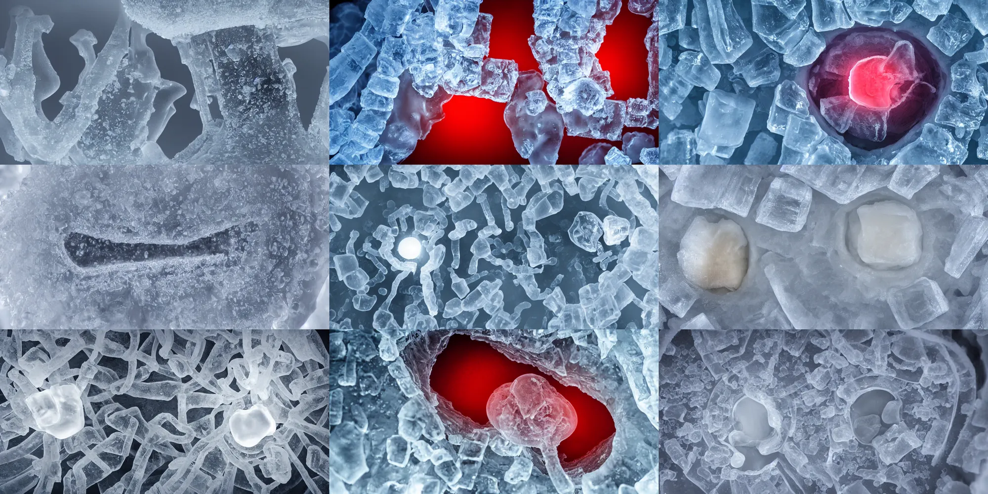 Prompt: front view of a kidney inside an ice bloc, foggy