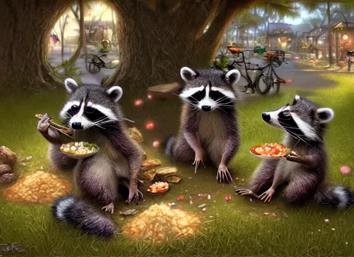 a raccoon festival in a quaint town, raccoons eating, | Stable Diffusion |  OpenArt