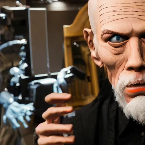 Image similar to animatronic John Malkovich, exposed mechanics, photo, Stan Winston studios, detailed, 4k