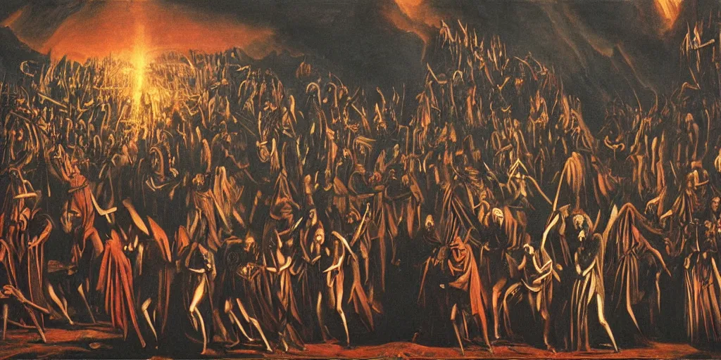 Image similar to dante's inferno painting, with people in black hooded tunic like in the film eyes wide shut of stanley kubrick, illuminati symbol, crows, skeletons, crosses, jesus, dark beauty, rotten gold, perfect faces, extremely detailed, cinema 4 d, unreal engine.