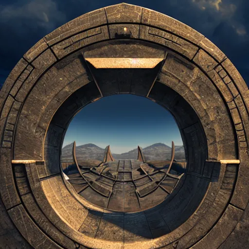 Image similar to stargate made of stone that form a circle, cinematic view, epic sky, 8K, octane render, unreal engine, dramatic lighting, cinematic, establishing shot, extremely high detail, foto realistic, cinematic lighting, post processed, concept art, high details, cinematic, 8k resolution, beautiful detailed, photorealistic, digital painting, artstation, concept art, smooth, sharp focus, artstation trending, octane render, unreal engine