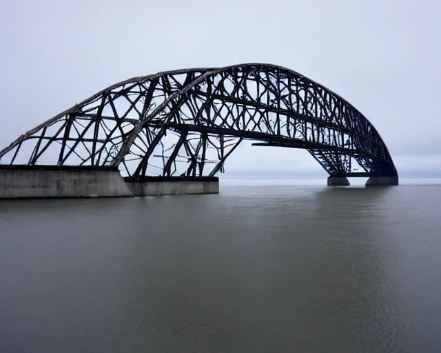 Prompt: the biggest iron concrete bridge ever built. Spanning the arctic sea, connecting two distant lands