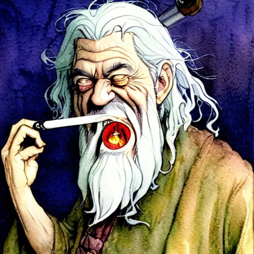 Image similar to a realistic and atmospheric watercolour fantasy character concept art portrait of gandalf with bloodshot eyes laughing and smoking a pipe looking at the camera by rebecca guay, michael kaluta, charles vess and jean moebius giraud