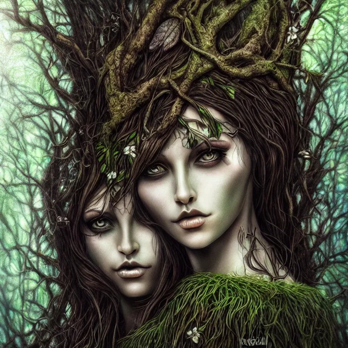 Prompt: female dryad, dark forest, surreal, nature, light shining through, hyper - realistic, highly detailed, sharp focus, smooth, intricate, marilena mexi style