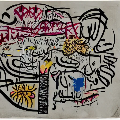 Image similar to arabic calligraphy with elements of transylvanian folk art, in the style of graffiti, made by jean michel basquiat